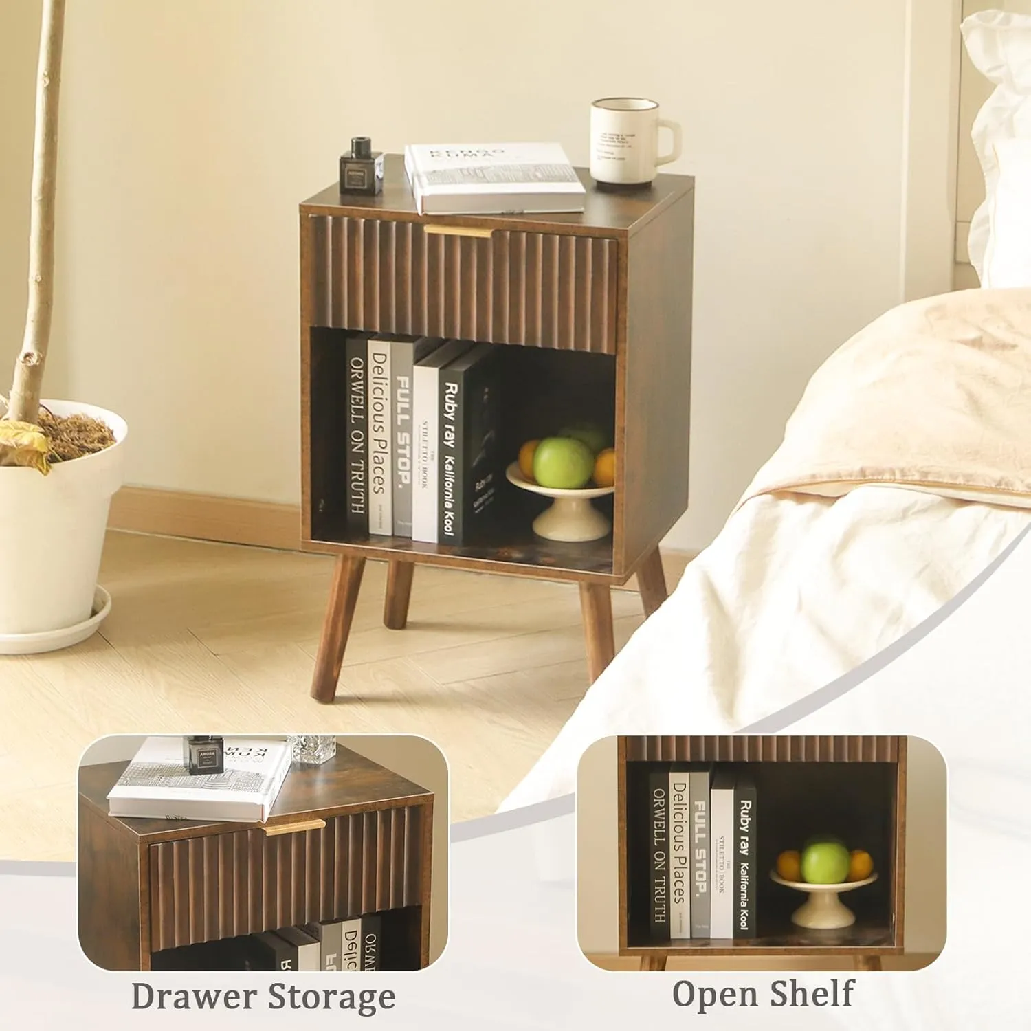 Mid Century Modern Nightstand with Charging Station, Modern Bedside Table with Fluted Drawer and Storage Shelf, End Side Tables Living Room for Bedroom, Office (Rustic Brwon)