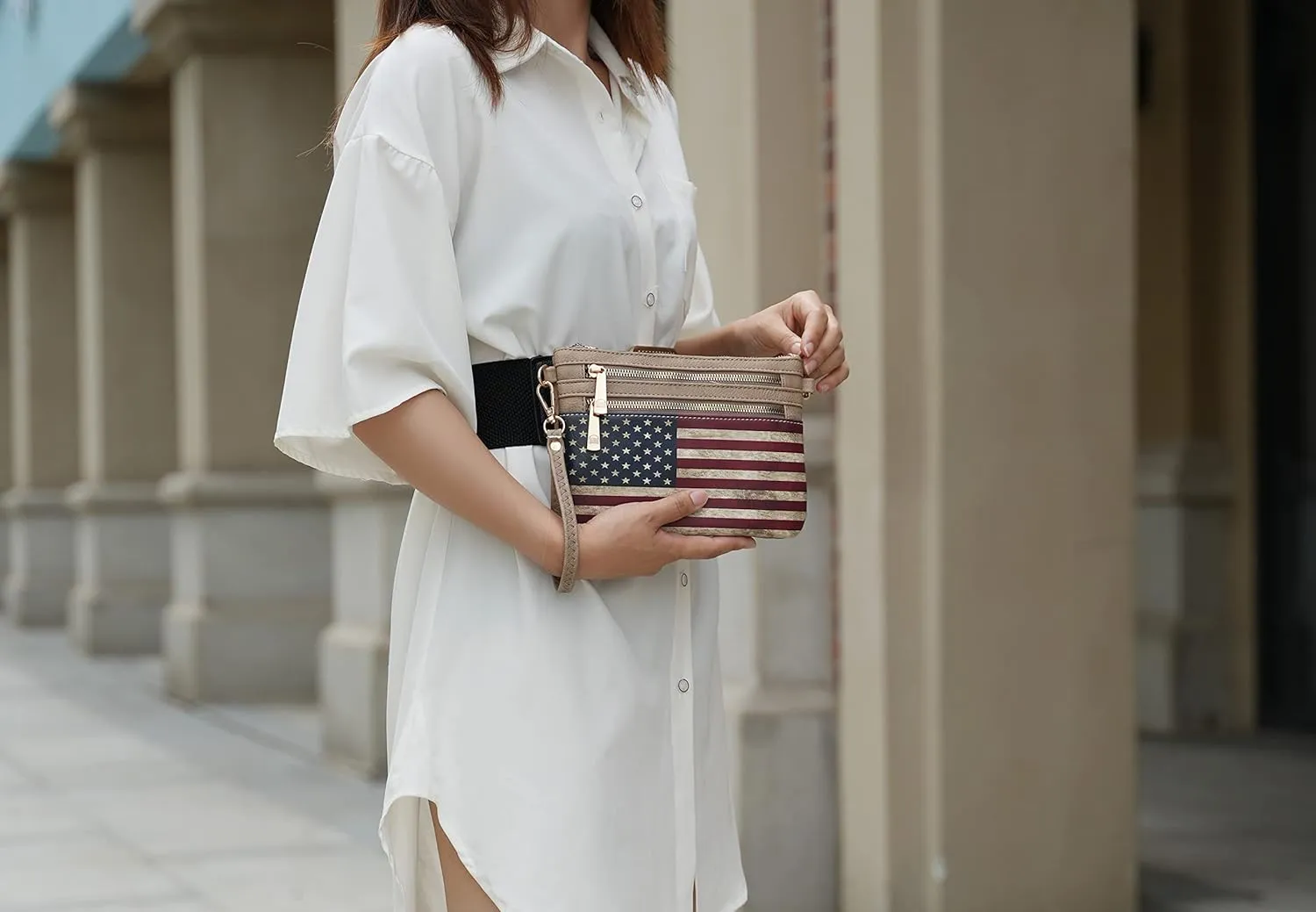 MKF Collection USA Crossbody Bag for Women, American Flag Wristlet Shoulder Purse, Vegan Leather Lady Messenger Handbag