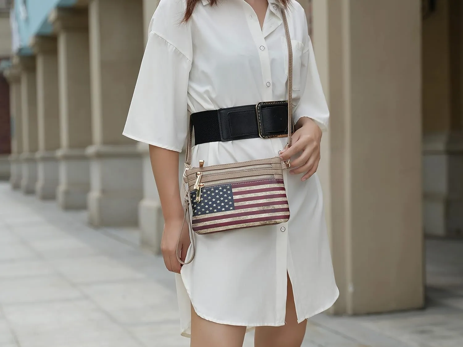 MKF Collection USA Crossbody Bag for Women, American Flag Wristlet Shoulder Purse, Vegan Leather Lady Messenger Handbag