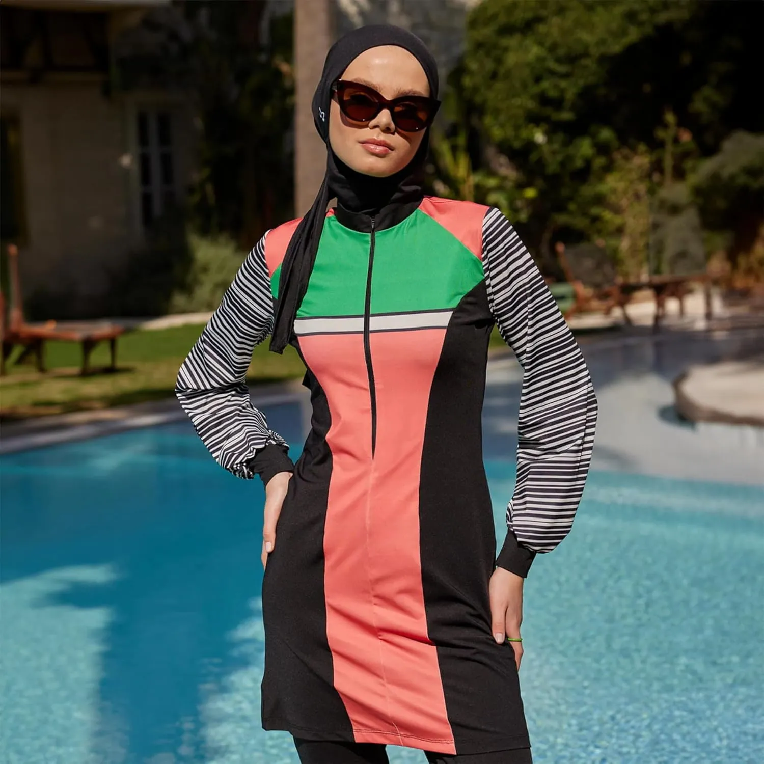 Modest Swimwear for Women 3-Piece Set | Striped Sporty Swimsuit Suit Cover Set | Swimwear Long Sleeve Burkini Set Beachwear