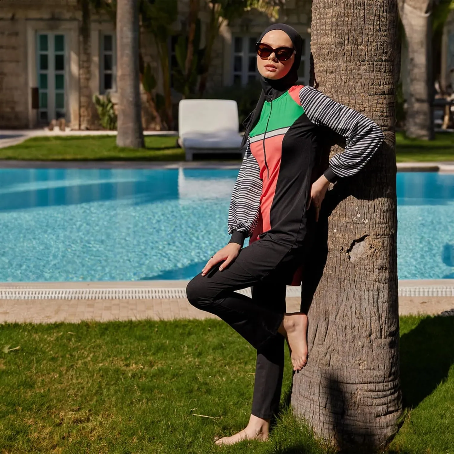 Modest Swimwear for Women 3-Piece Set | Striped Sporty Swimsuit Suit Cover Set | Swimwear Long Sleeve Burkini Set Beachwear