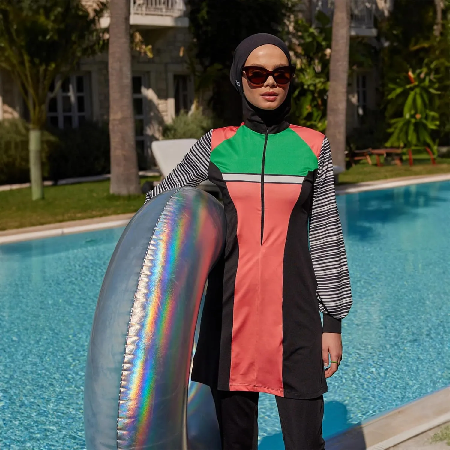 Modest Swimwear for Women 3-Piece Set | Striped Sporty Swimsuit Suit Cover Set | Swimwear Long Sleeve Burkini Set Beachwear