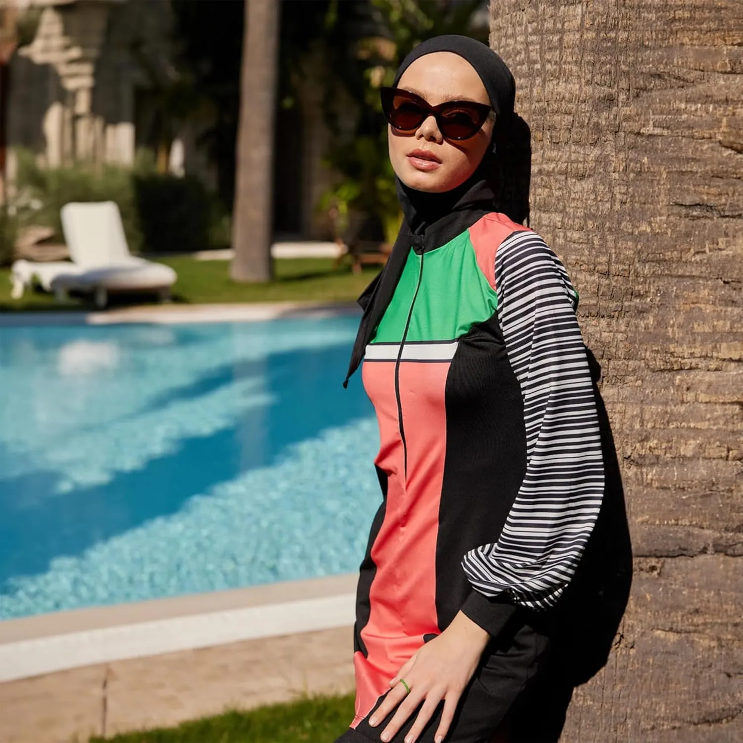 Modest Swimwear for Women 3-Piece Set | Striped Sporty Swimsuit Suit Cover Set | Swimwear Long Sleeve Burkini Set Beachwear
