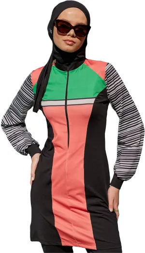 Modest Swimwear for Women 3-Piece Set | Striped Sporty Swimsuit Suit Cover Set | Swimwear Long Sleeve Burkini Set Beachwear