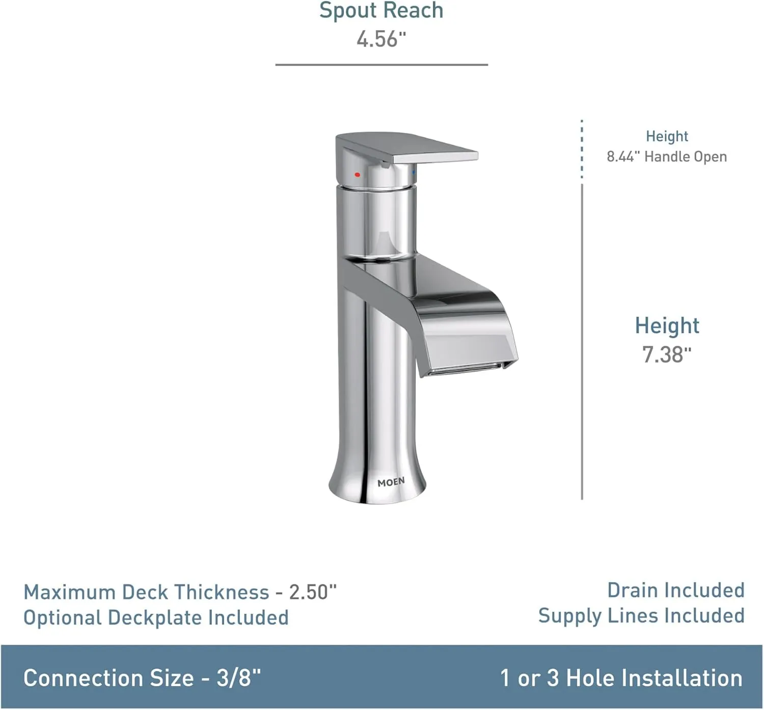 Moen 6702BL Genta LX One Handle Single Hole Modern Bathroom Sink Optional Deckplate, Faucet Height: 7-19/20 in, Matte Black