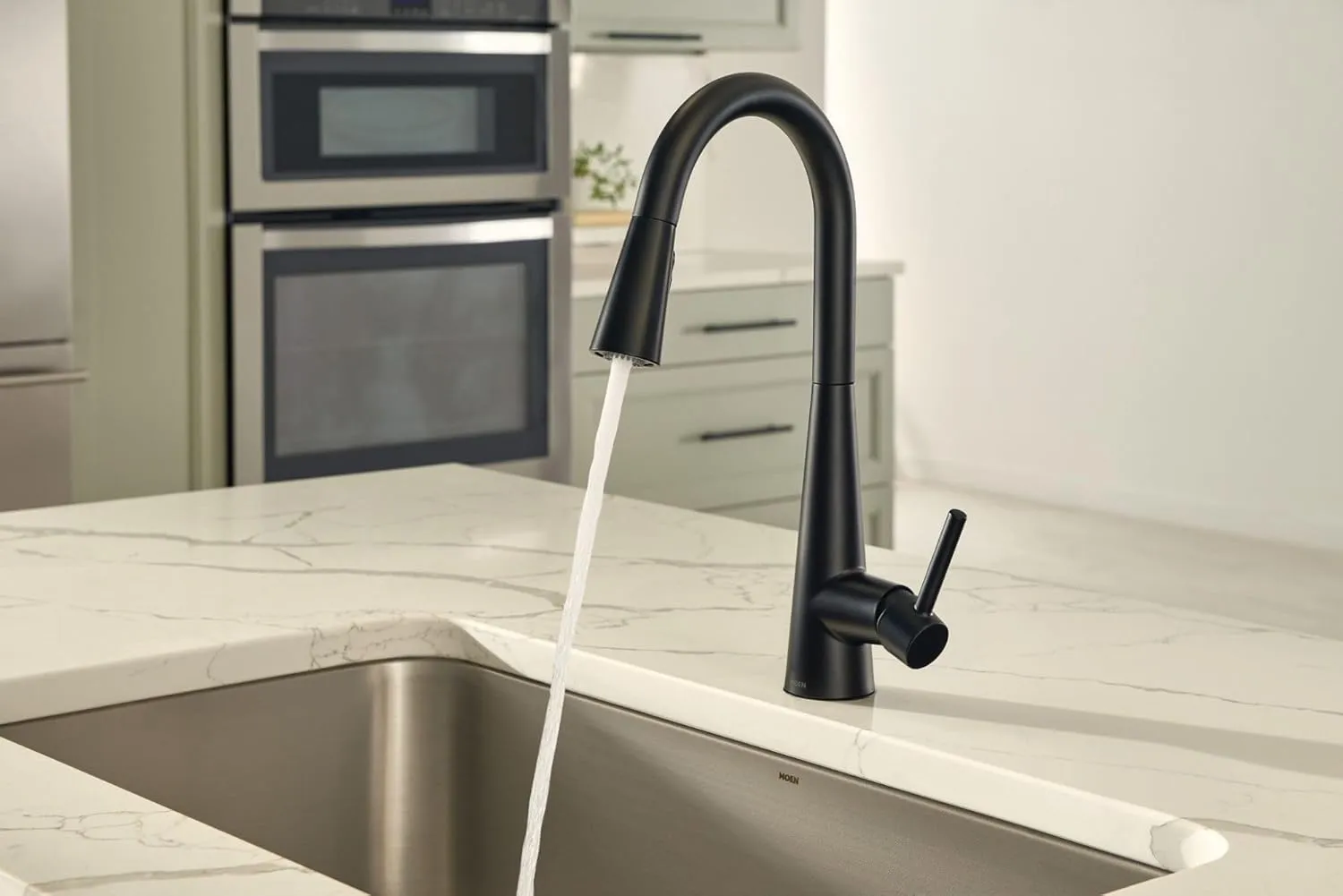 Moen 7864BL Sleek One Handle High Arc Pulldown Modern Kitchen Faucet Featuring Power Boost, Matte Black