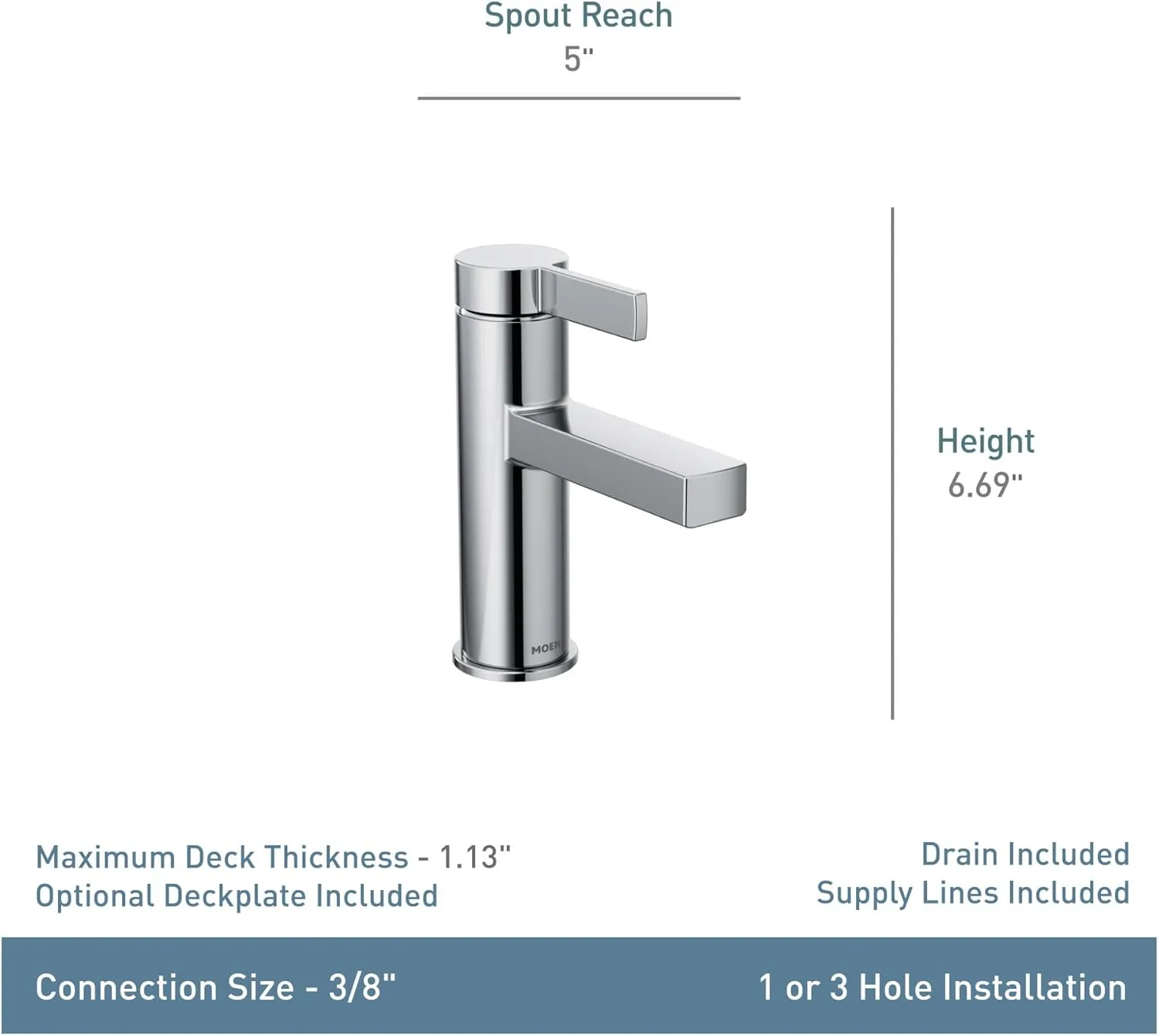 Moen Beric Matte Black Modern One-Handle Single Hole Bathroom Faucet with Drain Assembly and Optional Deckplate for Your Bath Sink, 84774BL