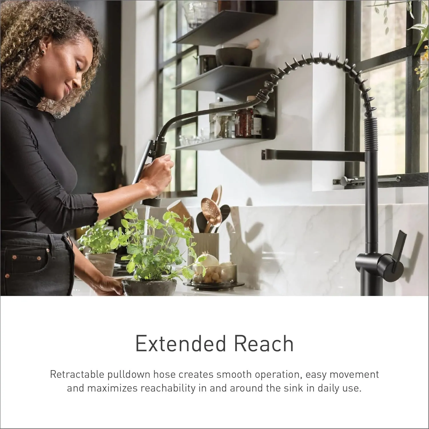 Moen Essie Matte Black One-Handle High Arc Pre-Rinse Spring Pulldown Kitchen Faucet with Power Clean, 87814BL