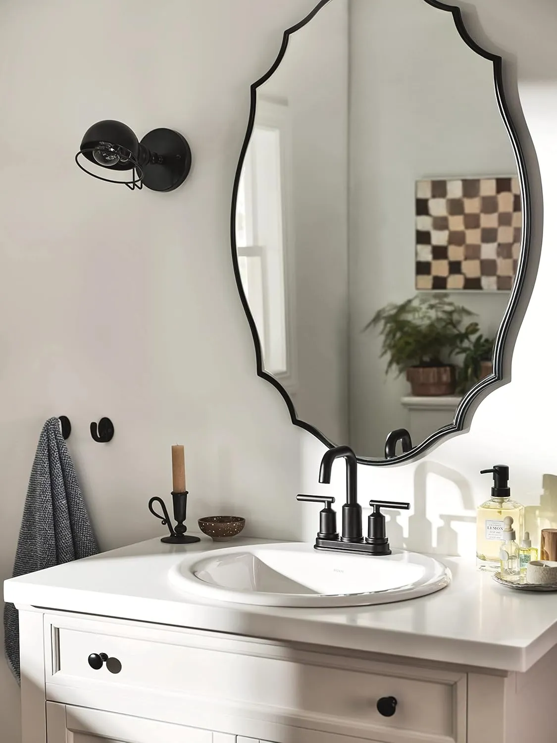 Moen Gibson Matte Black Two-Handle Centerset High Arc Modern Bathroom Faucet with Drain Assembly, Contemporary Black Sink Faucet for 3-Hole Countertops, 6150BL