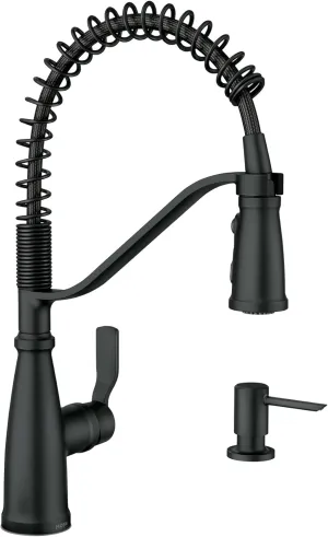 Moen Nolia Matte Black One-Handle Pre-Rinse Spring Kitchen Faucet with Pull Down Sprayer, Single Hole Kitchen Sink Faucet with Soap Dispenser, 87886BL