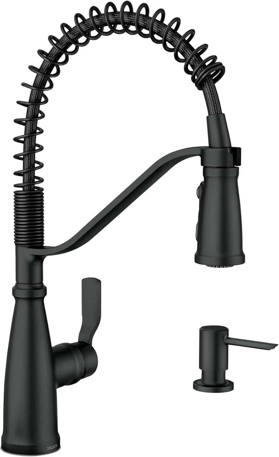 Moen Nolia Matte Black One-Handle Pre-Rinse Spring Kitchen Faucet with Pull Down Sprayer, Single Hole Kitchen Sink Faucet with Soap Dispenser, 87886BL