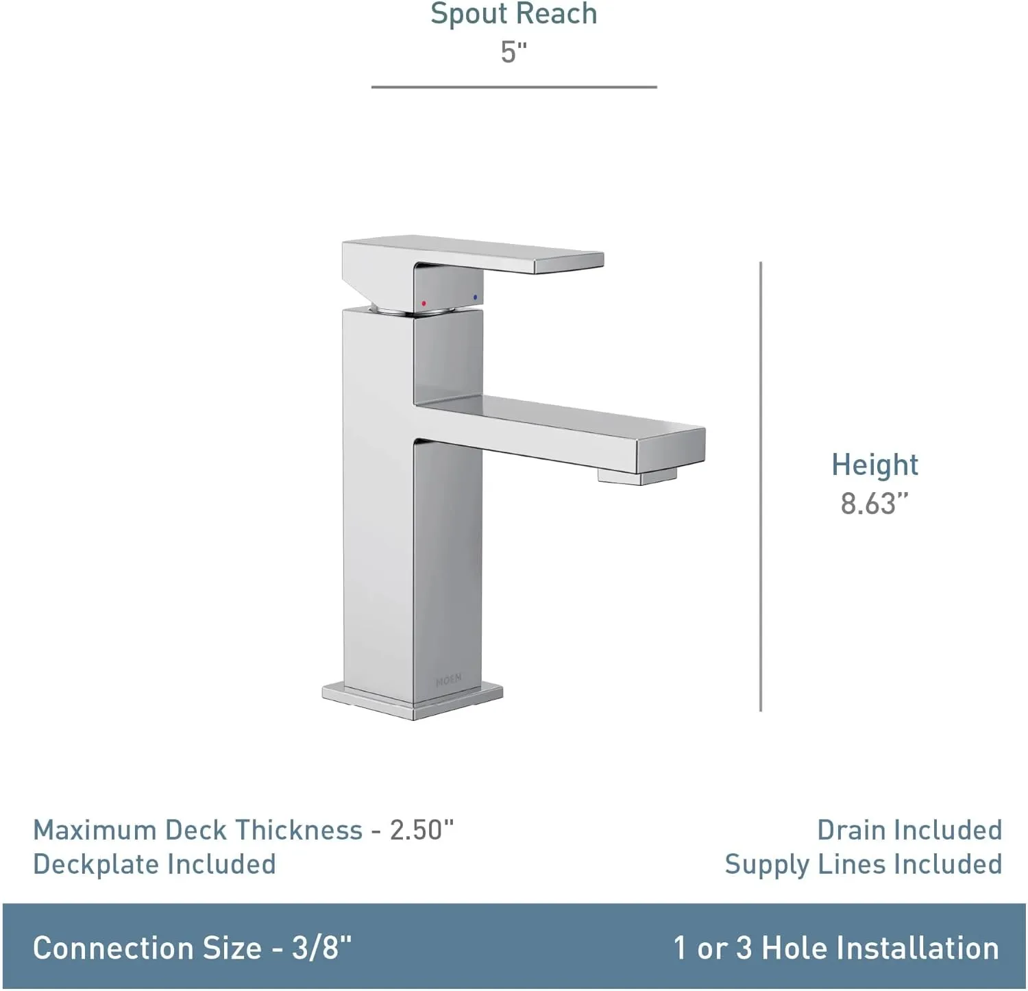 Moen Revyl Matte Black One-Handle Single Hole Modern Bathroom Sink Faucet with Optional Deckplate and Spring Loaded Drain Assembly, 84771BL