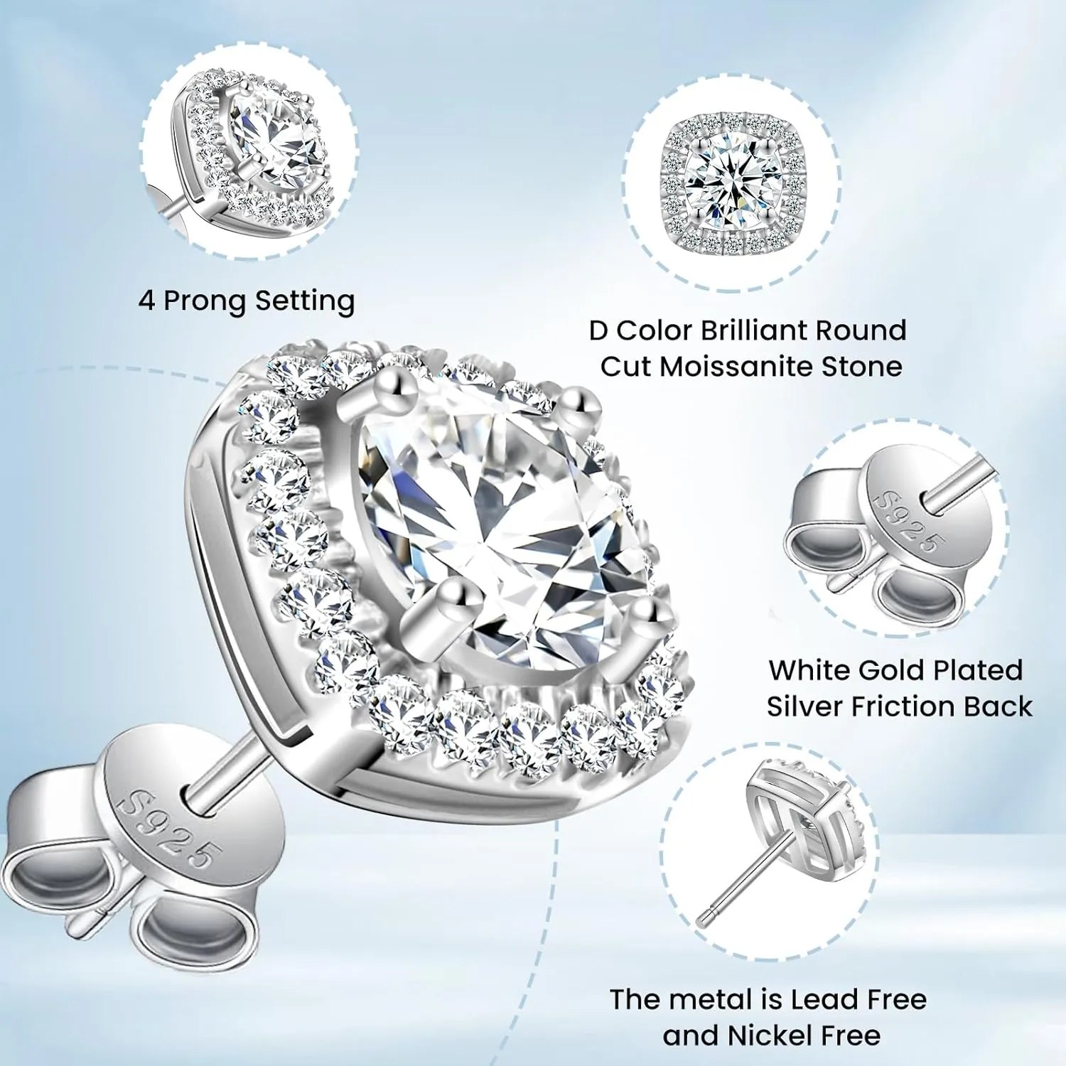 Moissanite Square Halo Stud Earrings 0.5-3 CT D Color VVS1 Lab Cultured Diamond Earrings Sterling Silver 18K Gold Plated Hypoallergenic Friction Back Earrings for Women Men Wedding Jewelry