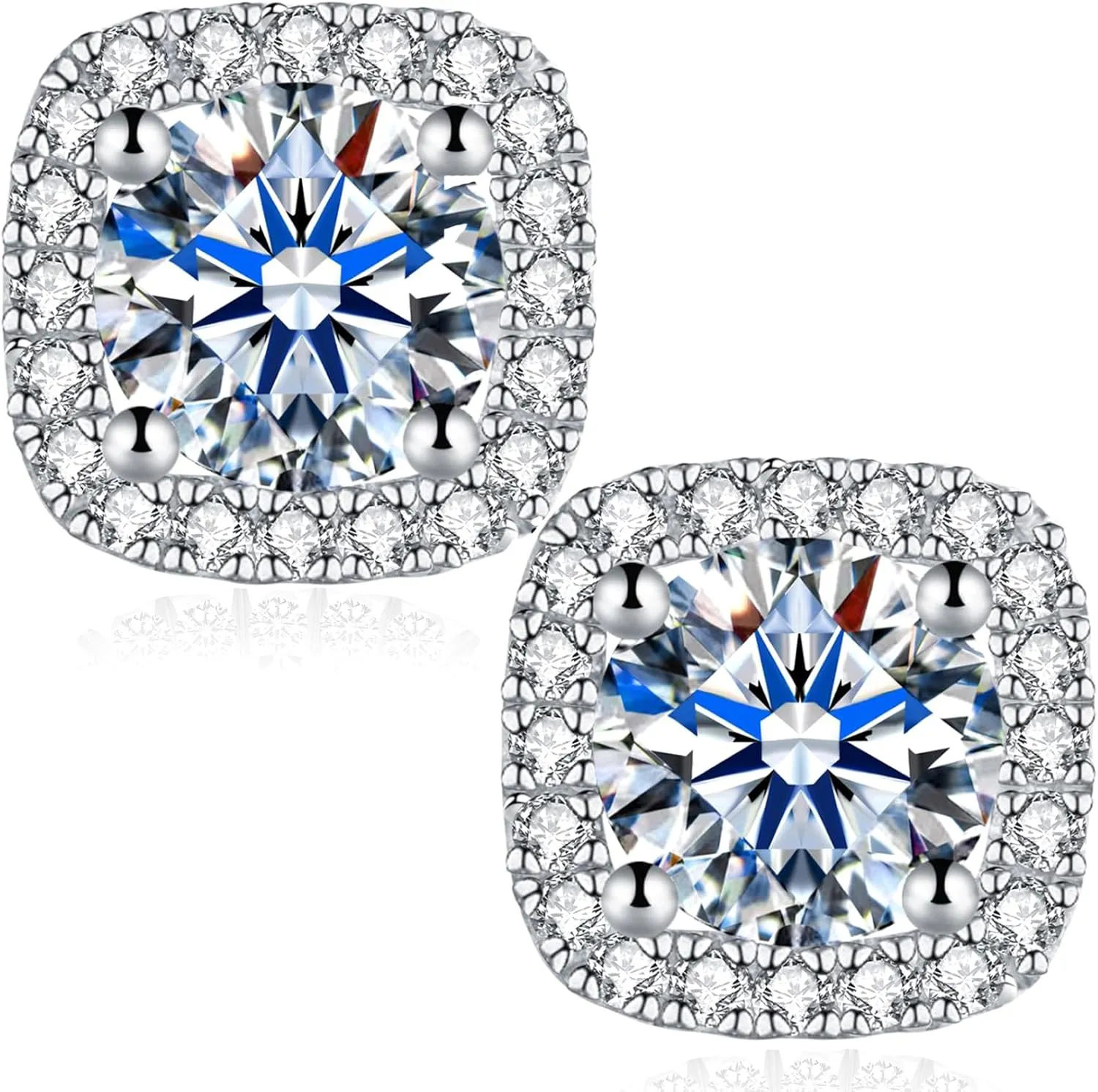 Moissanite Square Halo Stud Earrings 0.5-3 CT D Color VVS1 Lab Cultured Diamond Earrings Sterling Silver 18K Gold Plated Hypoallergenic Friction Back Earrings for Women Men Wedding Jewelry