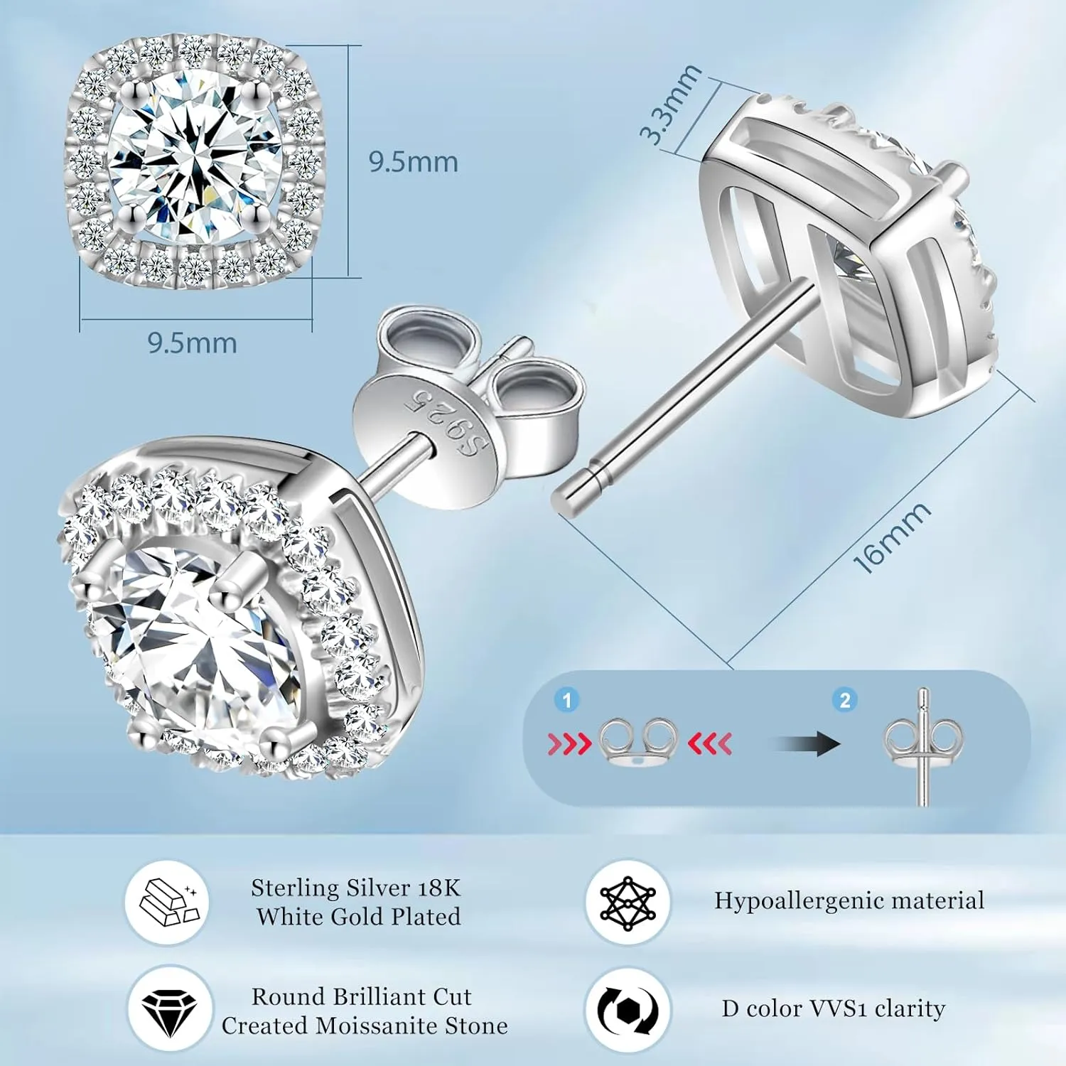 Moissanite Square Halo Stud Earrings 0.5-3 CT D Color VVS1 Lab Cultured Diamond Earrings Sterling Silver 18K Gold Plated Hypoallergenic Friction Back Earrings for Women Men Wedding Jewelry