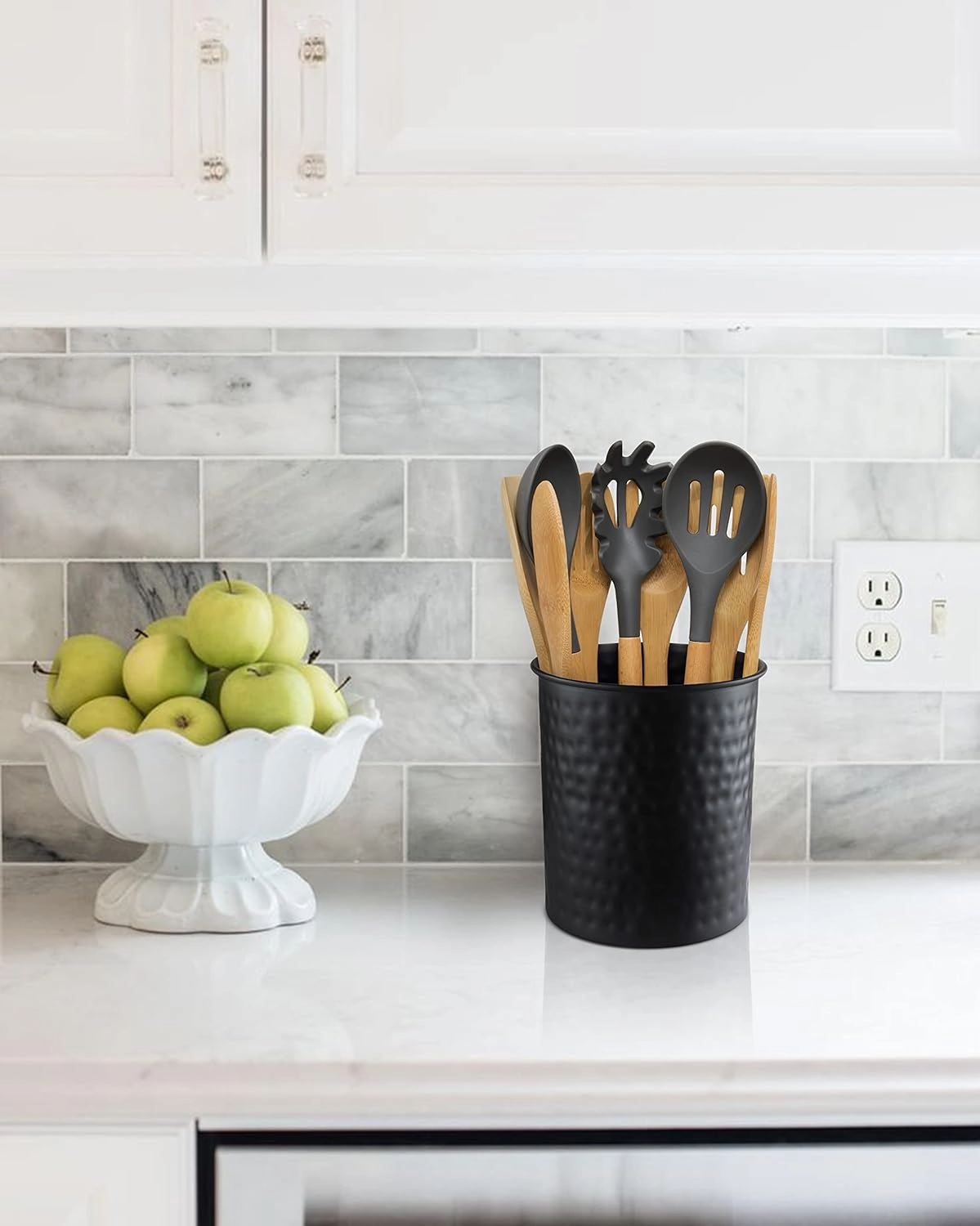 Monarch Abode Hand Hammered Kitchen Utensil Holder for Kitchen Counter, Spatula, Ladle, and Large or Small Spoon Holder, Decorative Cooking Utensil Crock Organizer for Countertop, Matte Black