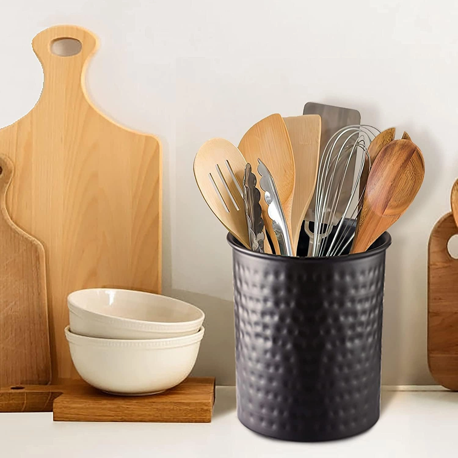 Monarch Abode Hand Hammered Kitchen Utensil Holder for Kitchen Counter, Spatula, Ladle, and Large or Small Spoon Holder, Decorative Cooking Utensil Crock Organizer for Countertop, Matte Black