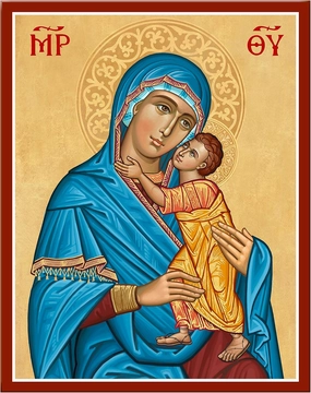 Monastery Icons Blue Madonna Virgin Mary Mounted Plaque Icon Reproduction 7.8" x 10"