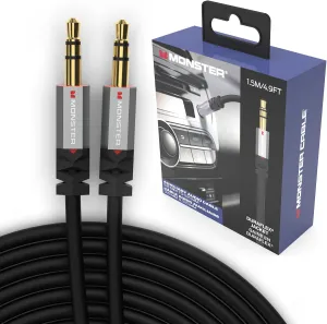 Monster Gen2 Essentials Audio Cable 3.5mm Male to Male Aux Cord for Car, iPhones, Headphones, 4.9FT Duraflex Jacket, Gold-Plated Connectors, Superior Sound Quality and Durable Cable