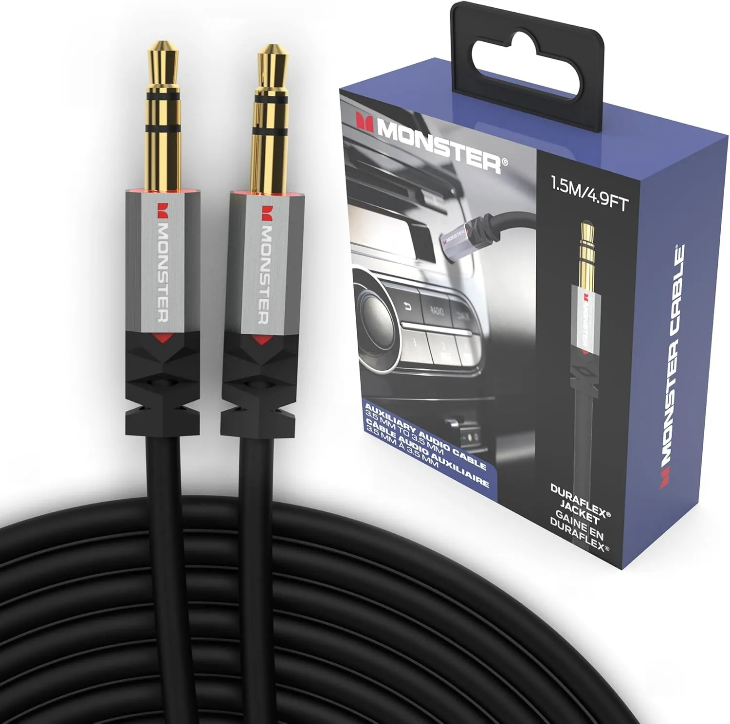 Monster Gen2 Essentials Audio Cable 3.5mm Male to Male Aux Cord for Car, iPhones, Headphones, 4.9FT Duraflex Jacket, Gold-Plated Connectors, Superior Sound Quality and Durable Cable