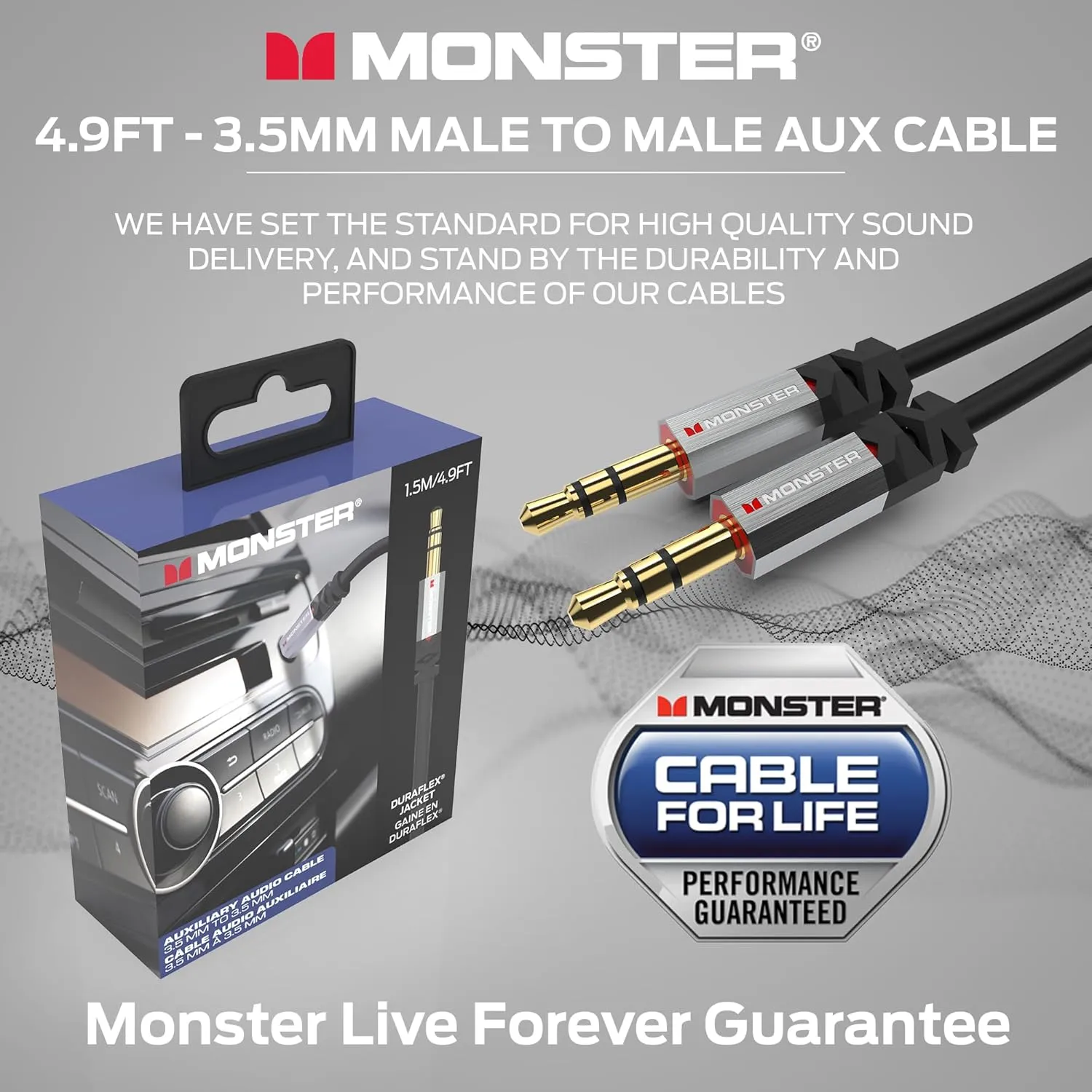 Monster Gen2 Essentials Audio Cable 3.5mm Male to Male Aux Cord for Car, iPhones, Headphones, 4.9FT Duraflex Jacket, Gold-Plated Connectors, Superior Sound Quality and Durable Cable