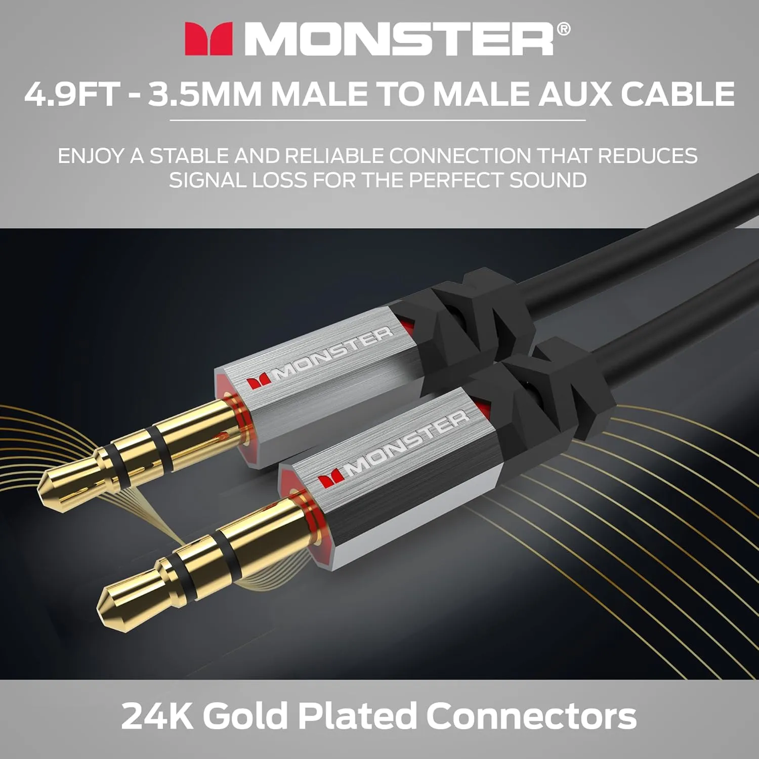 Monster Gen2 Essentials Audio Cable 3.5mm Male to Male Aux Cord for Car, iPhones, Headphones, 4.9FT Duraflex Jacket, Gold-Plated Connectors, Superior Sound Quality and Durable Cable