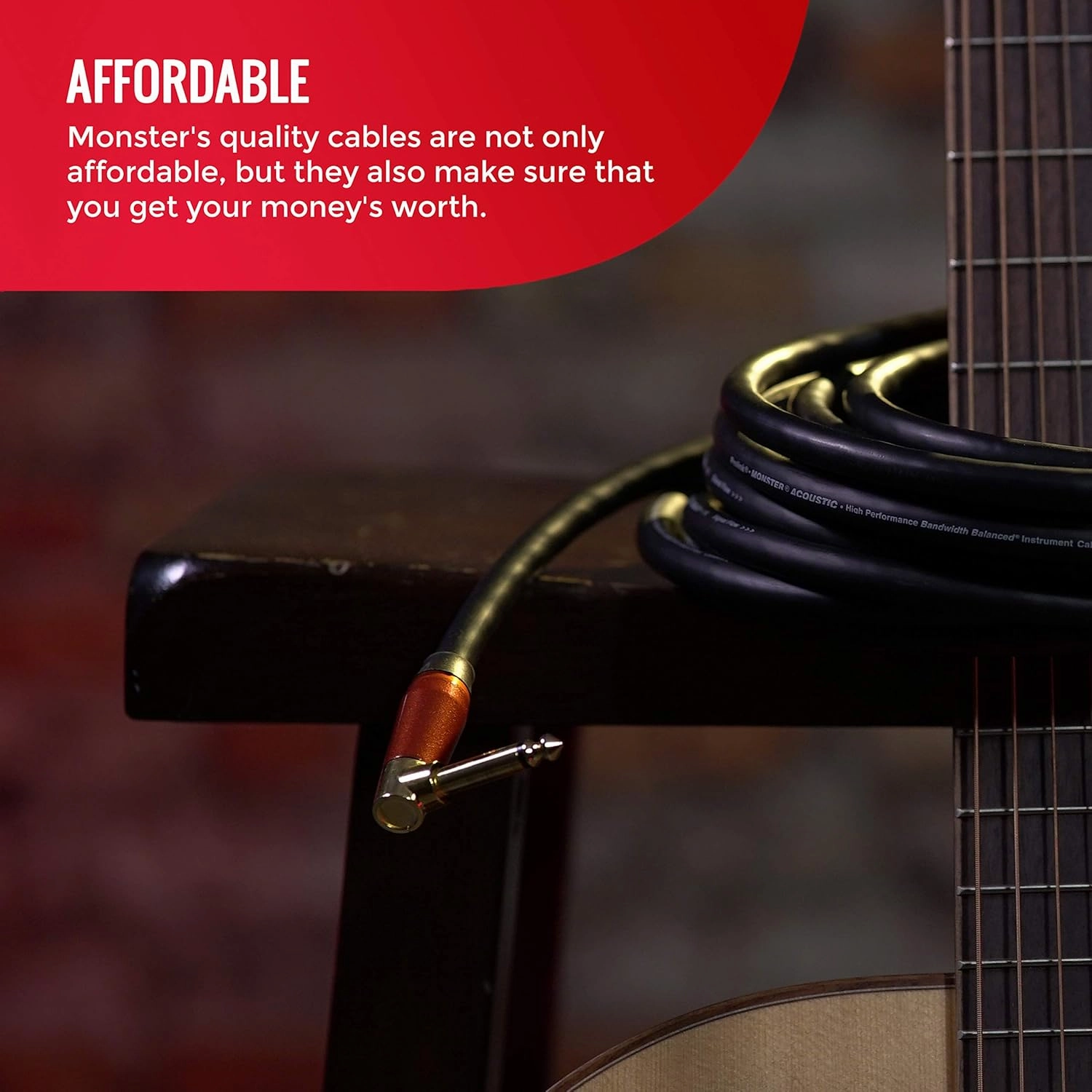 Monster Prolink Acoustic Instrument Cable. 12 ft Guitar Cable. Right Angle to Straight Cable w/Superior Delivery Speed. Rich & Clean Sound Cord Instrument Cable.