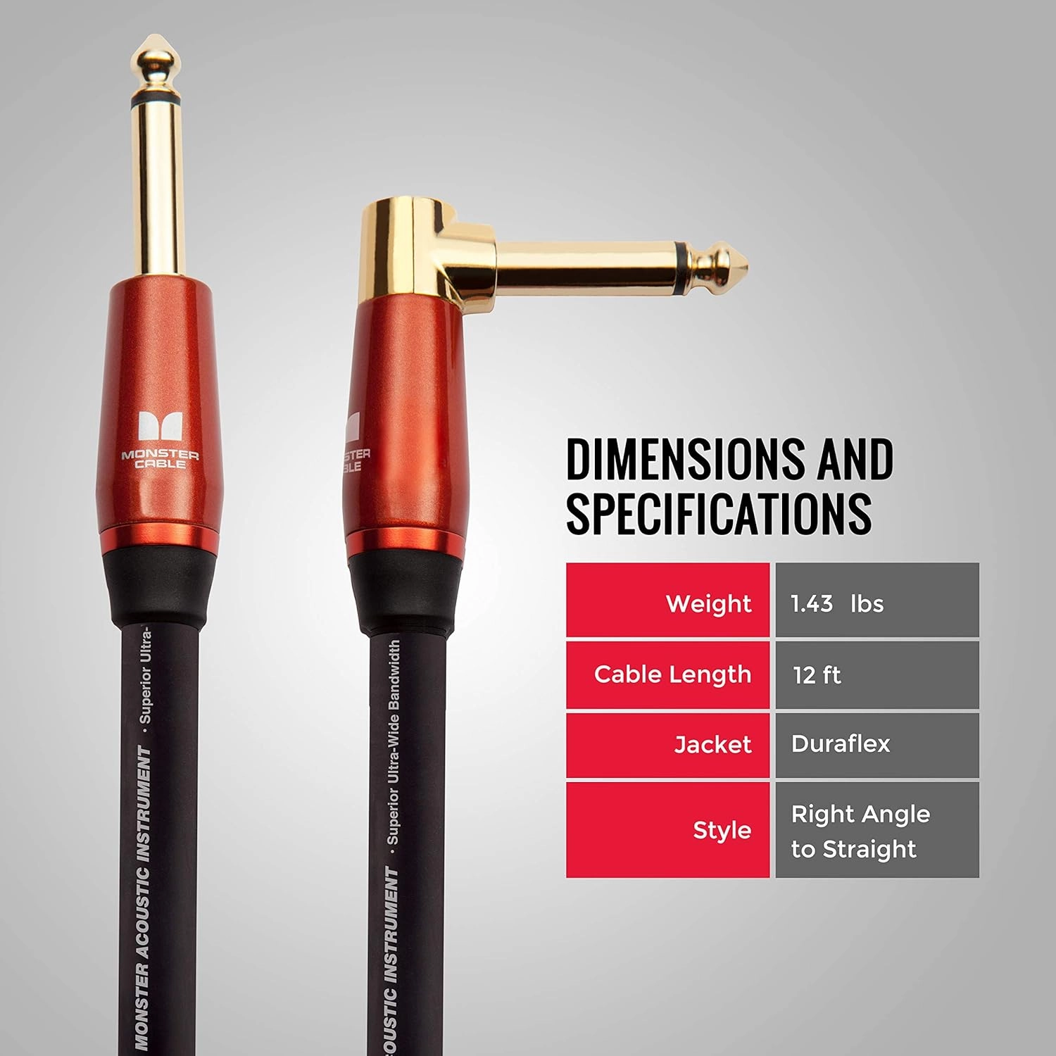 Monster Prolink Acoustic Instrument Cable. 12 ft Guitar Cable. Right Angle to Straight Cable w/Superior Delivery Speed. Rich & Clean Sound Cord Instrument Cable.