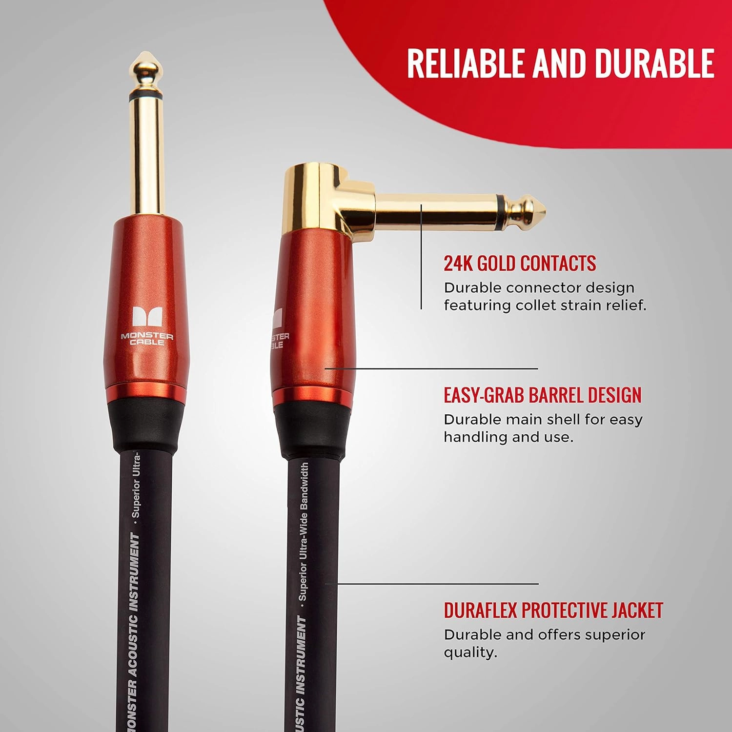 Monster Prolink Acoustic Instrument Cable. 12 ft Guitar Cable. Right Angle to Straight Cable w/Superior Delivery Speed. Rich & Clean Sound Cord Instrument Cable.