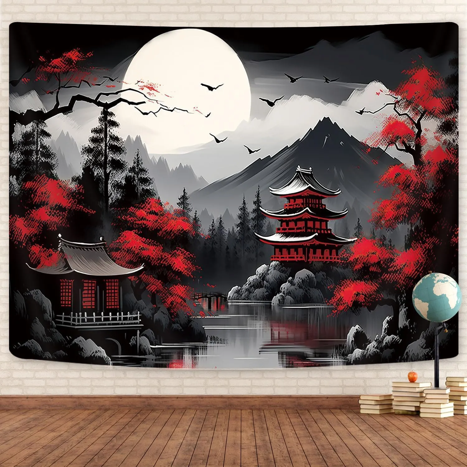 Mountain Forest Nature Tapestry for Bedroom, Black and White Moon Landscape Wall Hanging, Tree Sunset Dark Large Asia Japanese Tapestries Aesthetic Anime Art Decor for Living Room College Dorm, 80x60