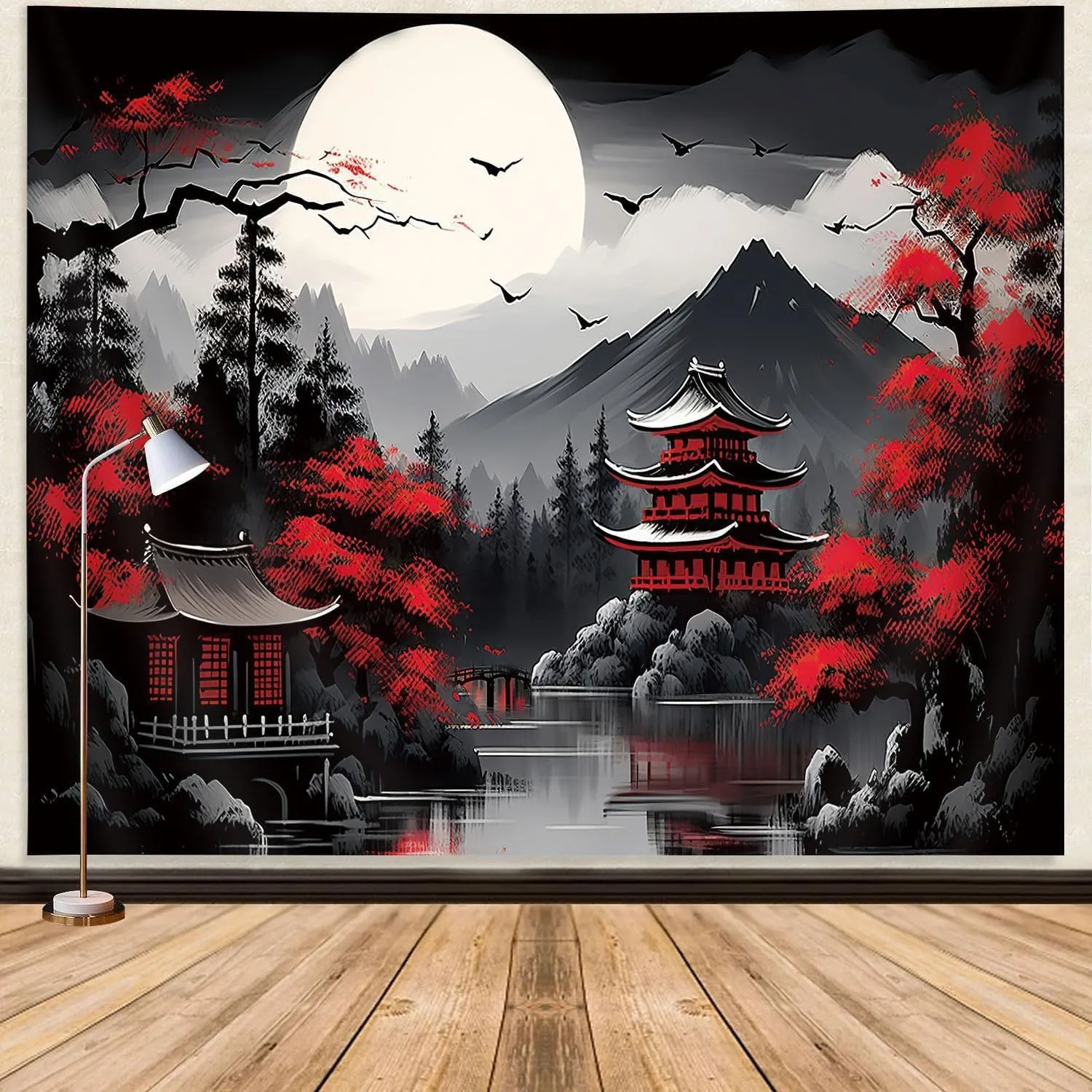 Mountain Forest Nature Tapestry for Bedroom, Black and White Moon Landscape Wall Hanging, Tree Sunset Dark Large Asia Japanese Tapestries Aesthetic Anime Art Decor for Living Room College Dorm, 80x60