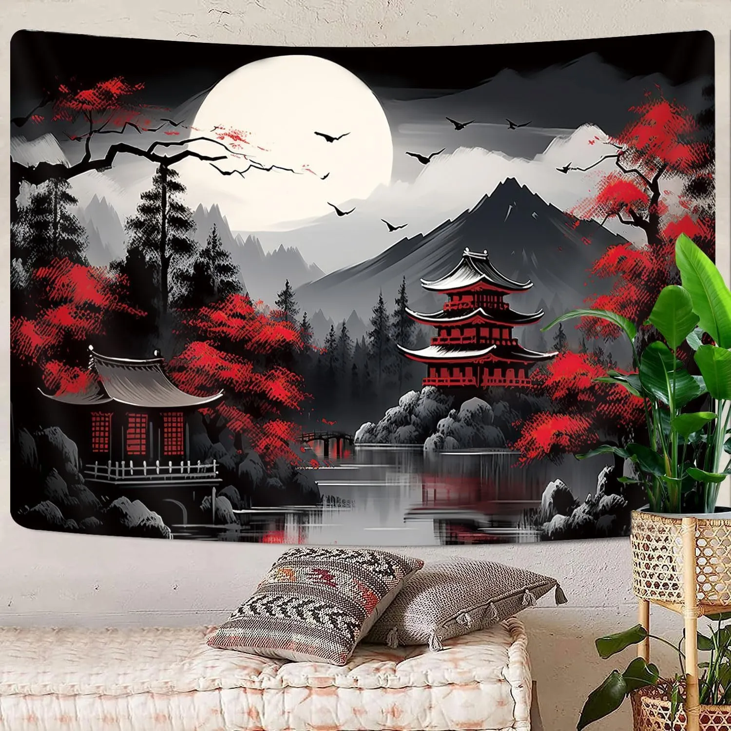 Mountain Forest Nature Tapestry for Bedroom, Black and White Moon Landscape Wall Hanging, Tree Sunset Dark Large Asia Japanese Tapestries Aesthetic Anime Art Decor for Living Room College Dorm, 80x60