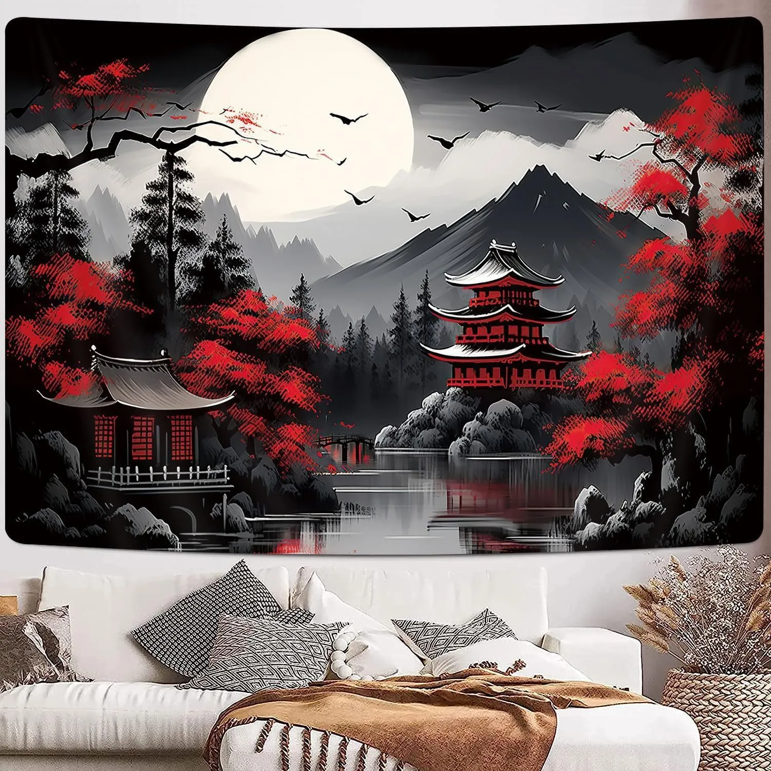 Mountain Forest Nature Tapestry for Bedroom, Black and White Moon Landscape Wall Hanging, Tree Sunset Dark Large Asia Japanese Tapestries Aesthetic Anime Art Decor for Living Room College Dorm, 80x60