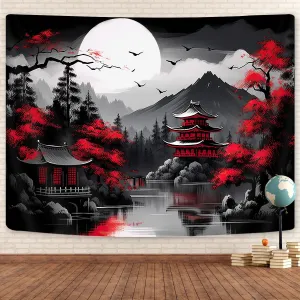 Mountain Forest Nature Tapestry for Bedroom, Black and White Moon Landscape Wall Hanging, Tree Sunset Dark Large Asia Japanese Tapestries Aesthetic Anime Art Decor for Living Room College Dorm, 80x60