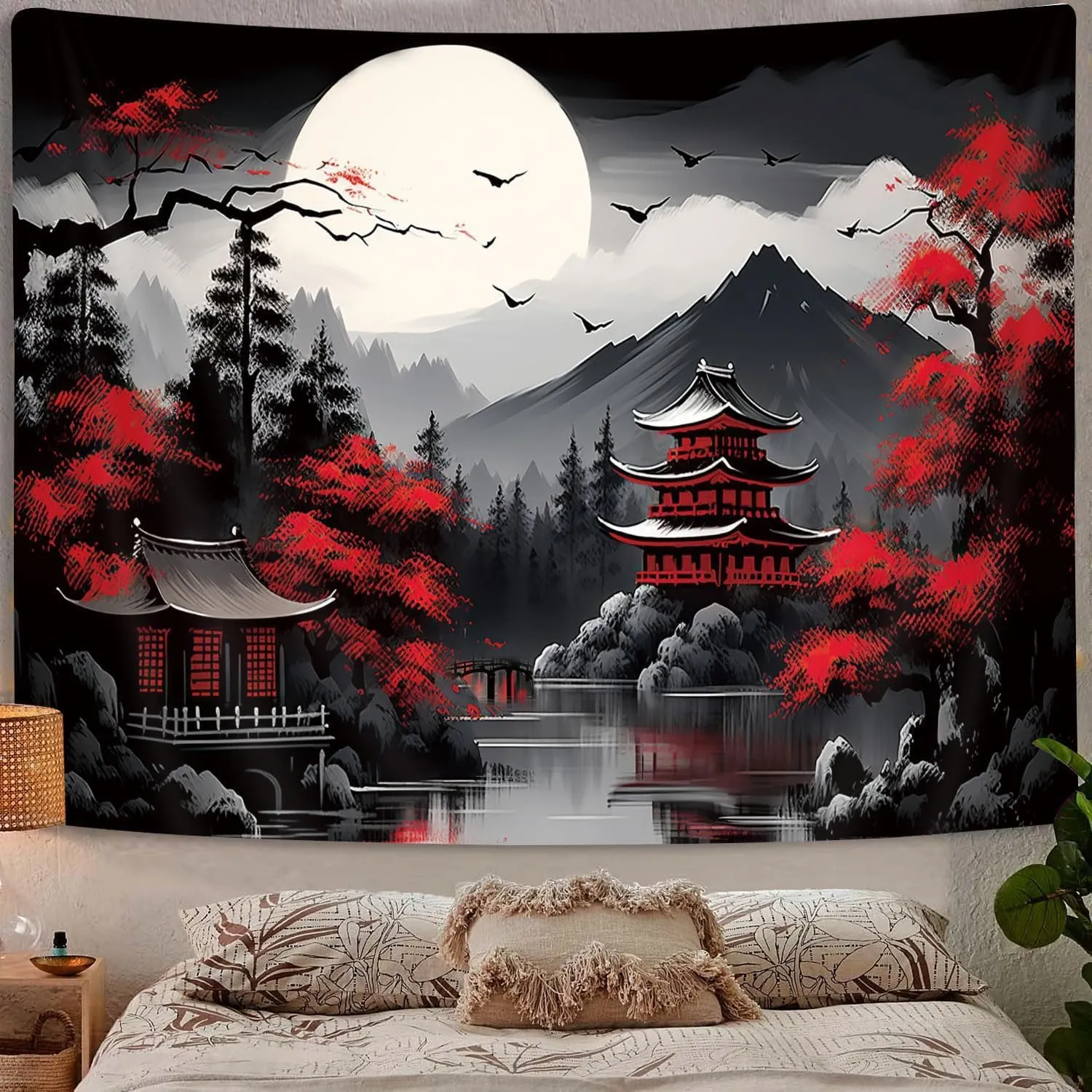 Mountain Forest Nature Tapestry for Bedroom, Black and White Moon Landscape Wall Hanging, Tree Sunset Dark Large Asia Japanese Tapestries Aesthetic Anime Art Decor for Living Room College Dorm, 80x60