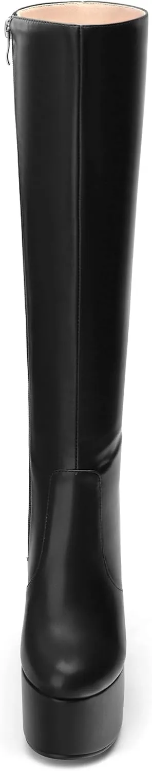MOVINSTEPS Platform Knee High Boots for Women Chunky Heel Zipper Round Toe Long Boots Elegant Classic Fashion Tall Boots 6 Inch