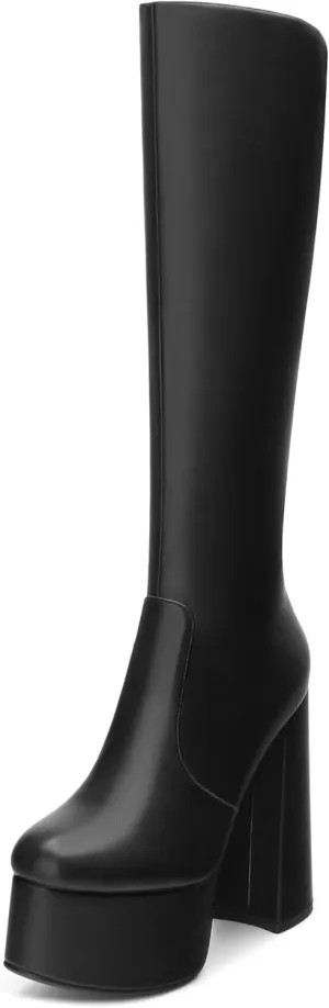MOVINSTEPS Platform Knee High Boots for Women Chunky Heel Zipper Round Toe Long Boots Elegant Classic Fashion Tall Boots 6 Inch