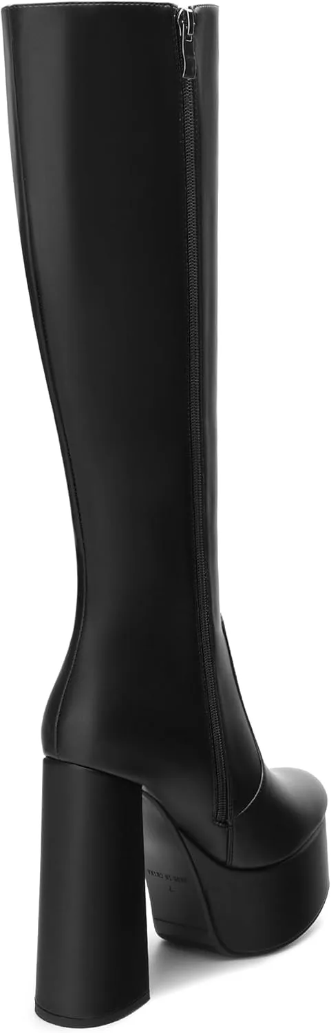MOVINSTEPS Platform Knee High Boots for Women Chunky Heel Zipper Round Toe Long Boots Elegant Classic Fashion Tall Boots 6 Inch