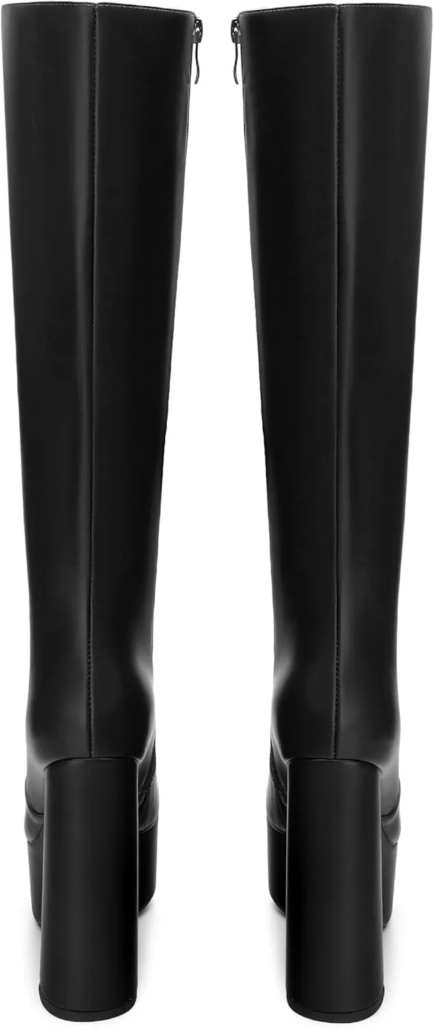 MOVINSTEPS Platform Knee High Boots for Women Chunky Heel Zipper Round Toe Long Boots Elegant Classic Fashion Tall Boots 6 Inch