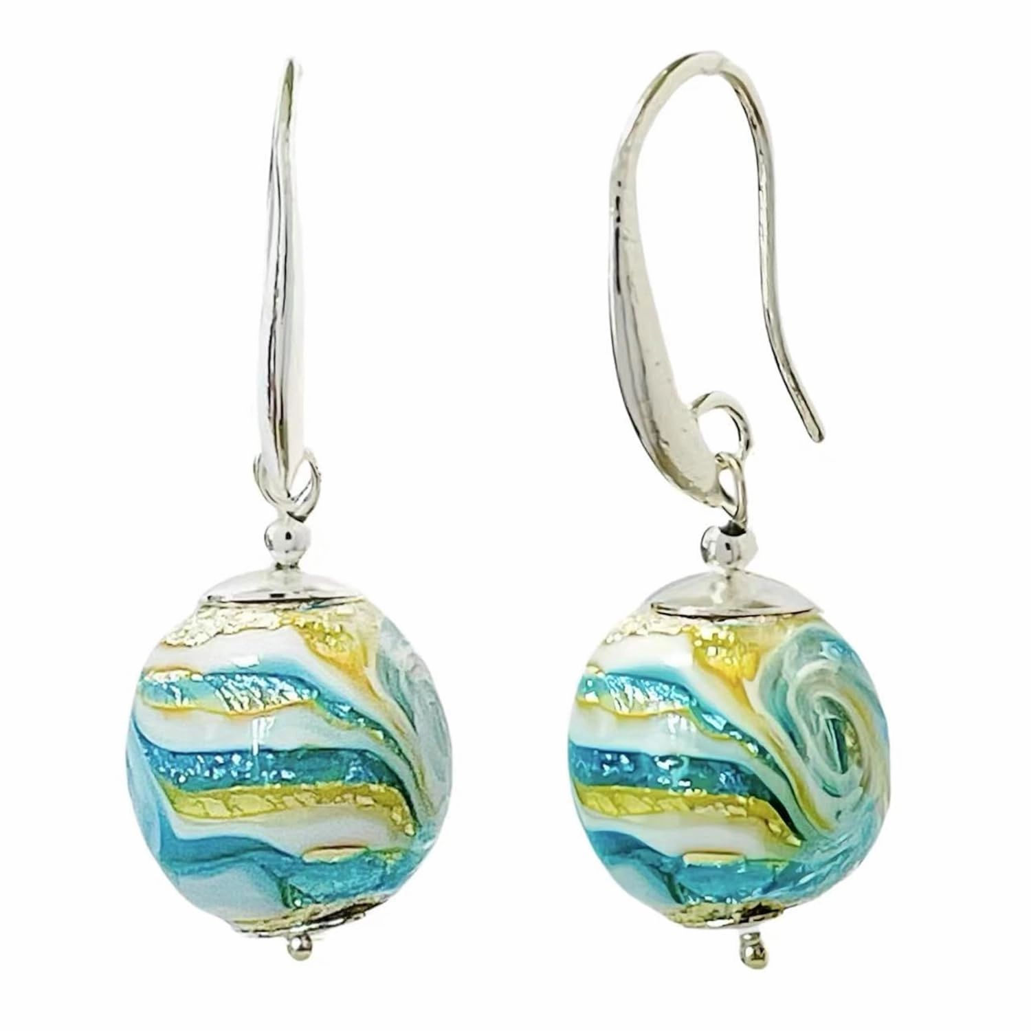 Multicolor Murano Style Glass Earrings (Blue White Silver Gold), Murano Inspired Jewelry, Elegant Drop Dangle Earrings for Women