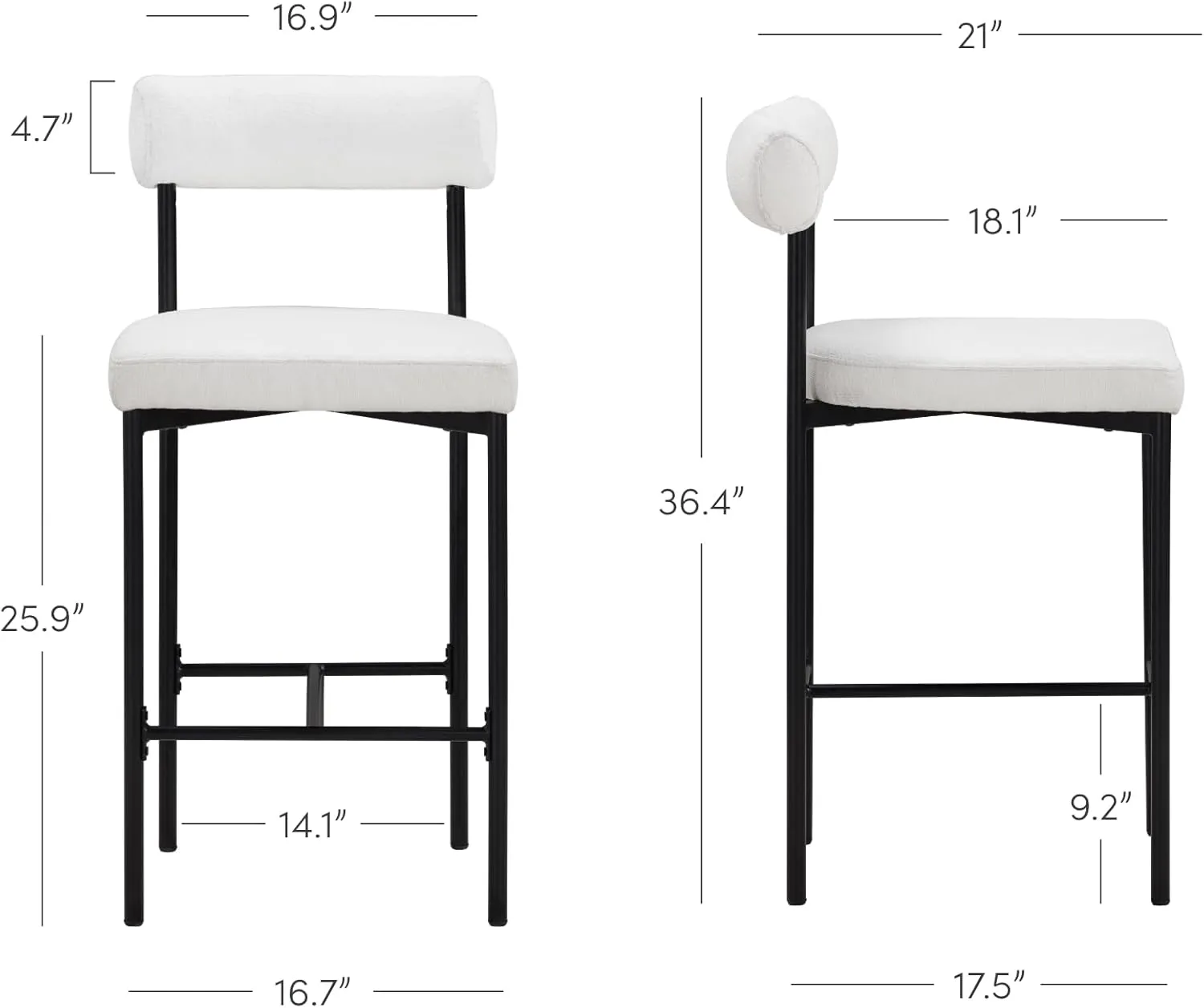 Nathan James Dahlia Counter Height Chair, Boucle Upholstered Modern Barstool with Back, Mid-Century Metal Legs and Padded Cushion for Kitchen, Island and Bars, Light Cream Boucle/Black, Set of 2