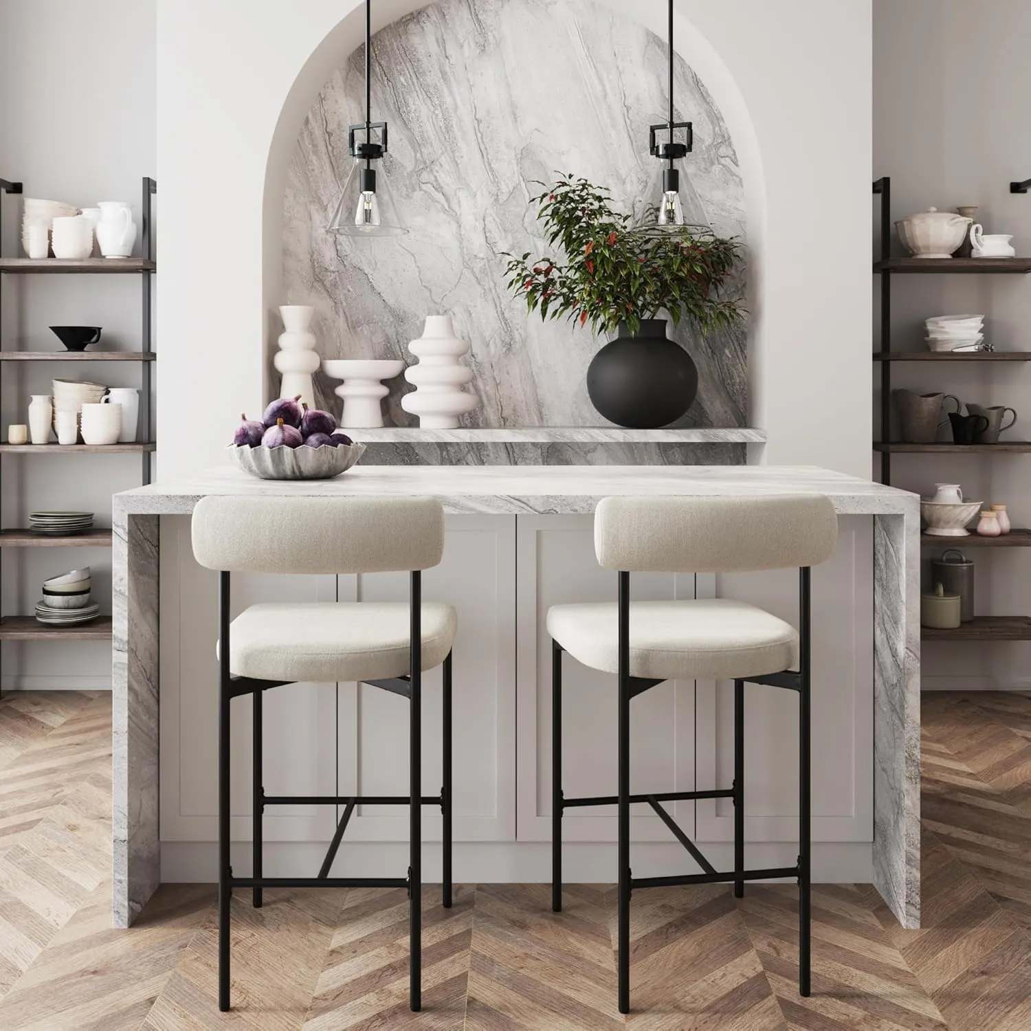 Nathan James Dahlia Counter Height Chair, Boucle Upholstered Modern Barstool with Back, Mid-Century Metal Legs and Padded Cushion for Kitchen, Island and Bars, Light Cream Boucle/Black, Set of 2