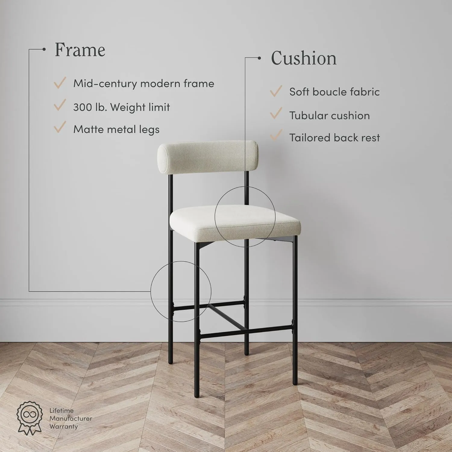 Nathan James Dahlia Counter Height Chair, Boucle Upholstered Modern Barstool with Back, Mid-Century Metal Legs and Padded Cushion for Kitchen, Island and Bars, Light Cream Boucle/Black, Set of 2