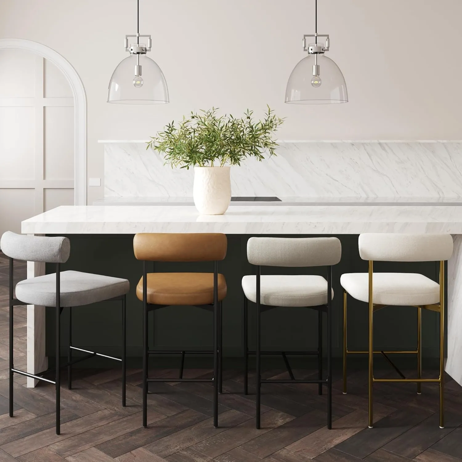 Nathan James Dahlia Counter Height Chair, Boucle Upholstered Modern Barstool with Back, Mid-Century Metal Legs and Padded Cushion for Kitchen, Island and Bars, Light Cream Boucle/Black, Set of 2