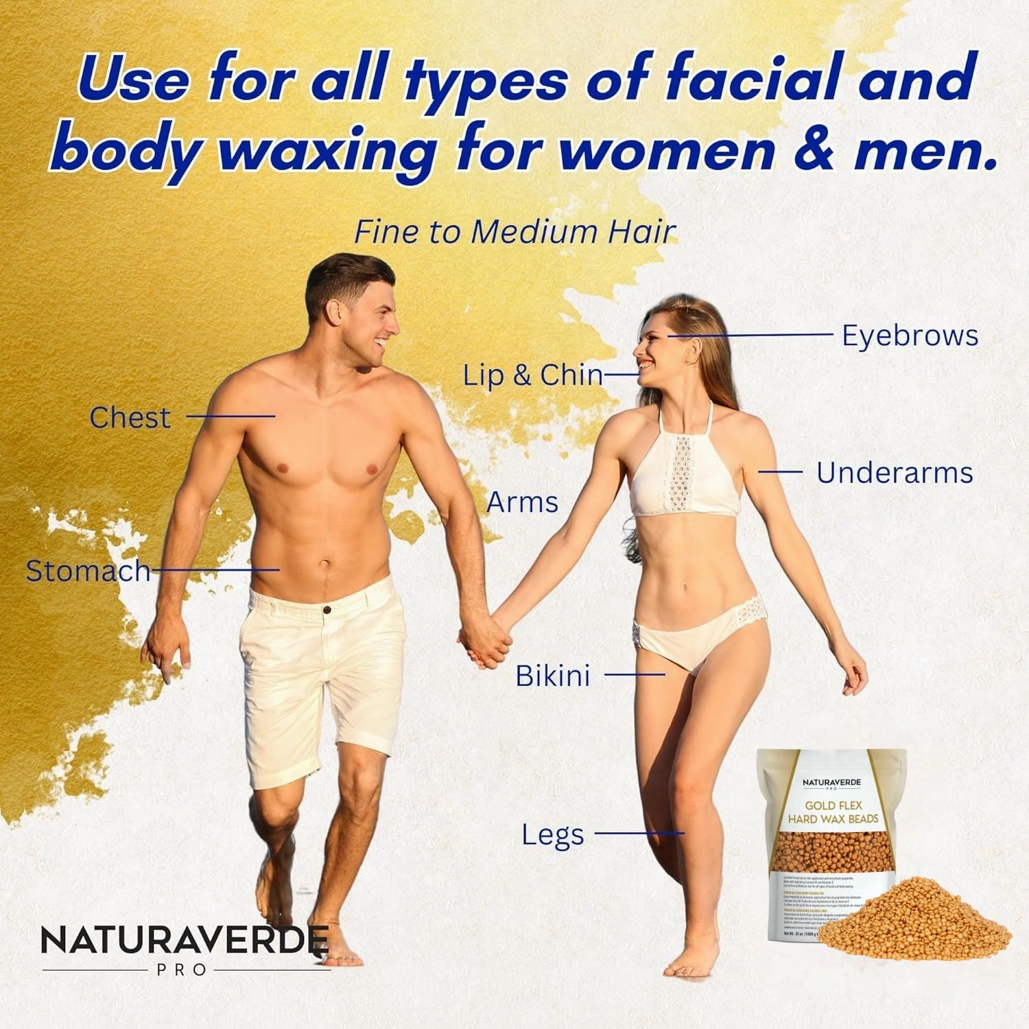NaturaverdePro Gold Flex Hard Wax Beads, Body and Facial Hair Removal, Brazilian Bikini Wax for Women with Soothing Coconut Oil - 2.2 lbs