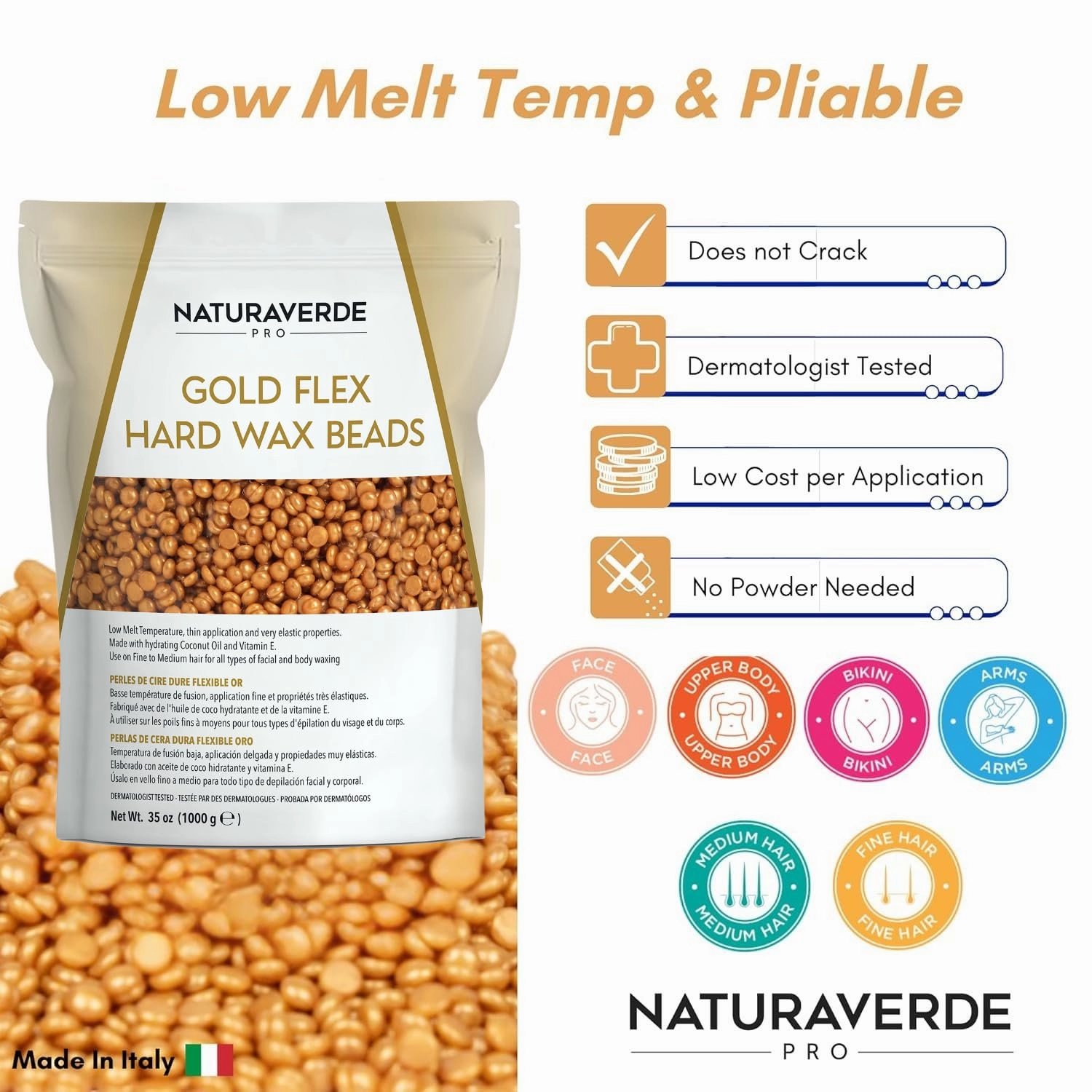NaturaverdePro Gold Flex Hard Wax Beads, Body and Facial Hair Removal, Brazilian Bikini Wax for Women with Soothing Coconut Oil - 2.2 lbs