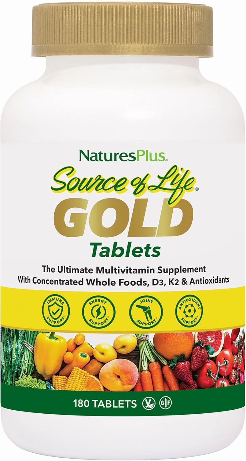 Natures Plus Source of Life Gold Multivitamin - 180 Tablets - with Vitamins D3 & B12 - Blood, Bone & Immune Support - Vegetarian & Gluten Free - 60 Servings