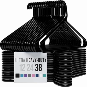 NEATERIZE Ultra Heavy Duty Plastic Clothes Hangers - Black - Durable Coat, Suit and Clothes Hanger. Perchas De Ropa (38 Pack - Black)