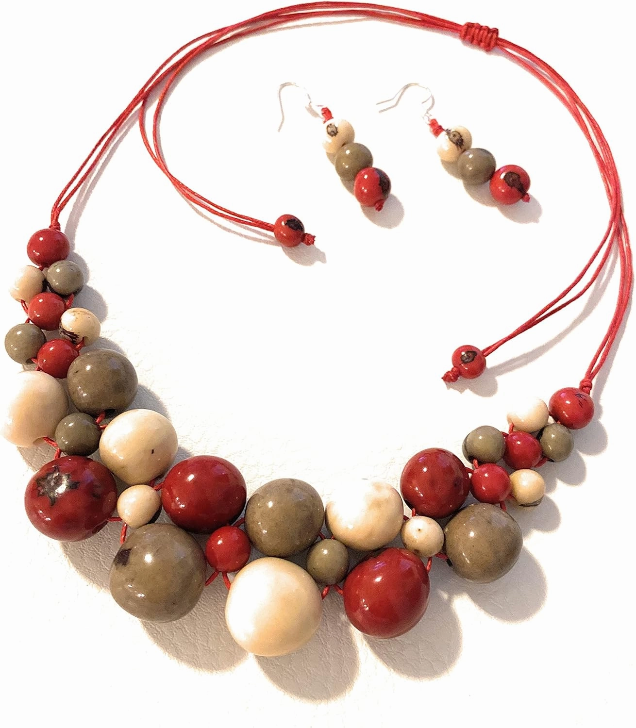 Necklace in Red, Gray and White TAG615. Tagua Nut Bib Necklace, Vegetable Ivory Necklace Handmade Jewelry, TAG615RGW