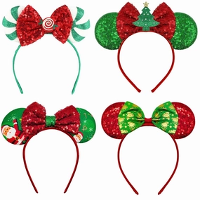 Needzo 4 Piece Christmas Mouse Ear Bow Headbands, Sparkly Holiday Party Hair Accessories, One Size Fits Most